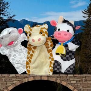 Melissa & Doug Hand Puppets Plush Lamb Giraffe Cow Farm Stuffed Animal Lot of 3